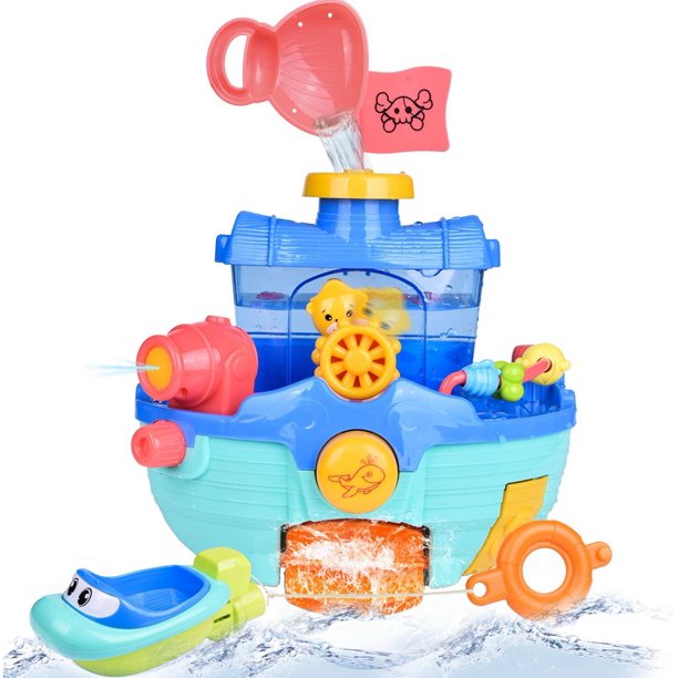 Wall Mountable Pirate Ship Bathtub Bath Toy for Kids with Water Cannon and Boat Scoop F392