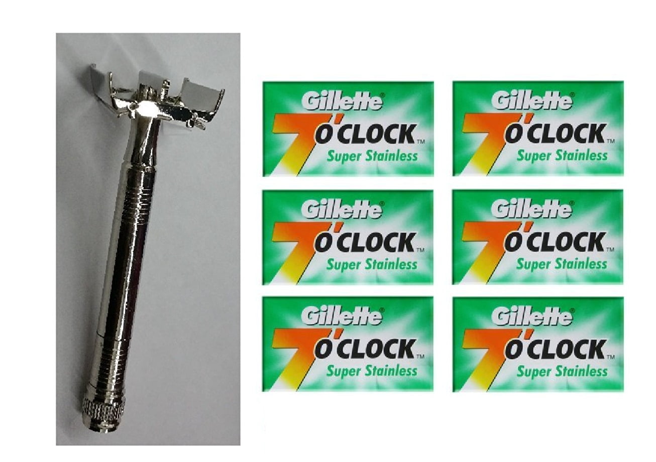 Double Edge Safety Razor + Gillette 7 O'Clock Permasharp Green Double Edge Blades, 10 ct. (Pack of 6) + Makeup Blender Stick, 12 Pcs