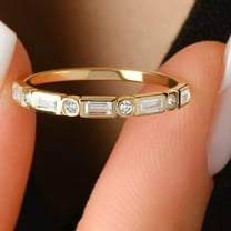 vylahjewellery Bezel Setting Engagement Rings Plated Yellow Gold Round and Baguette Moissanite Diamond Ring Unique Stackable Band with Round Cut Accents