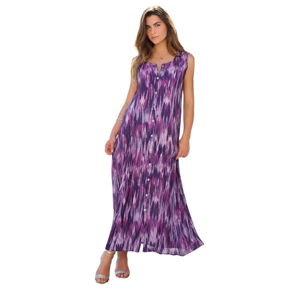 Roaman's Women's Plus Size Petite Plus Size Sleveless Hand-Crinkled Button-Front A-Line Maxi – Curvy Breezy Dress