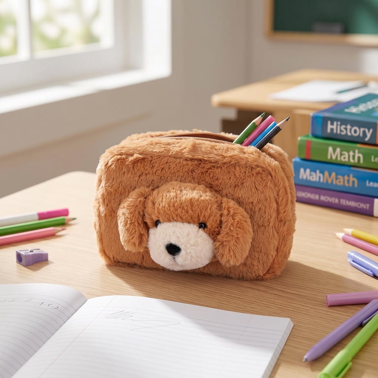 Pen + Gear Fask Fur Brown Dog Pencil Pouch, Brown, Educational