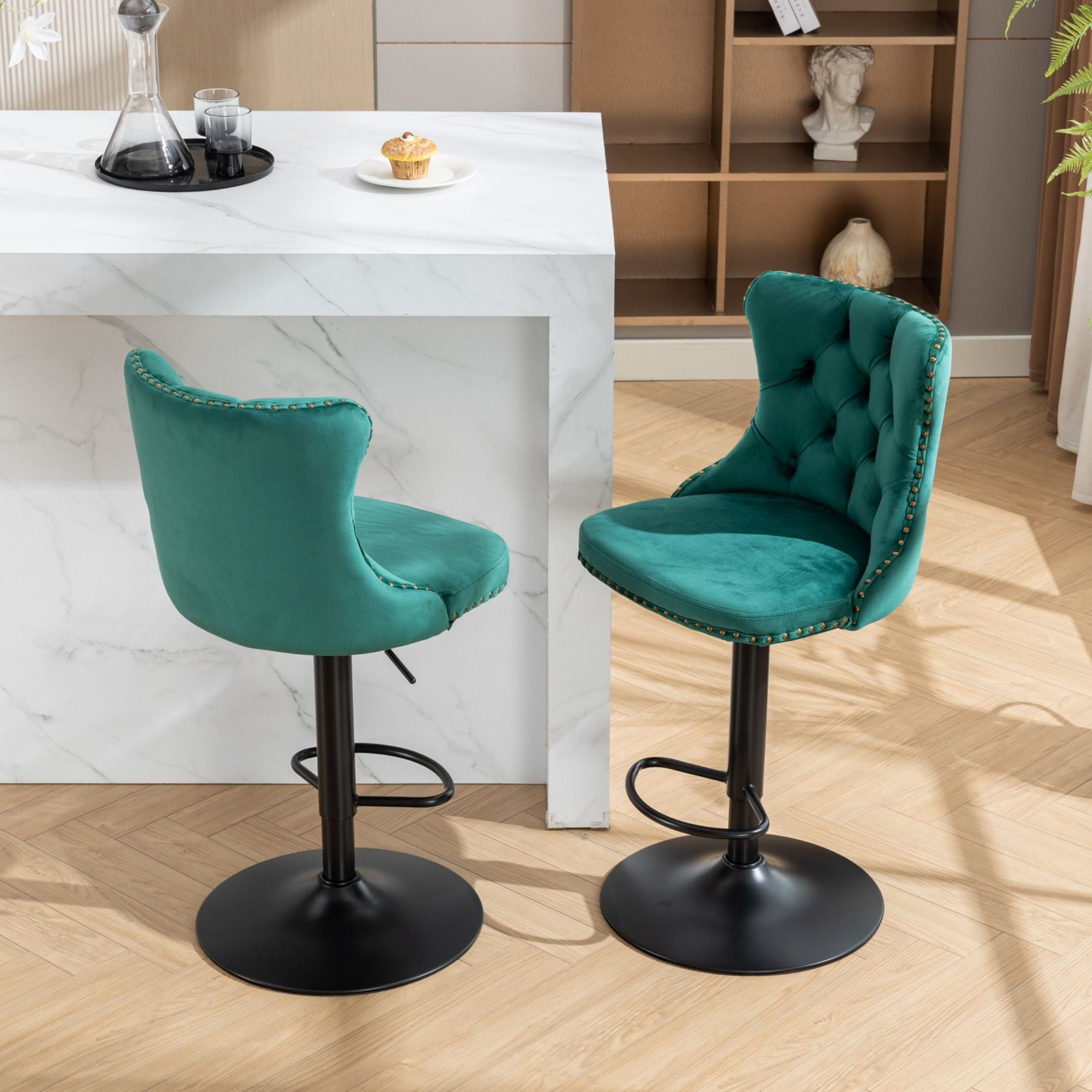 PORKISS Bar Stools, Velvet Adjustable Swivel Barstools with Back Set of 2, Modern Upholstered Kitchen Island Chairs with Tufted for Home Bar, Green