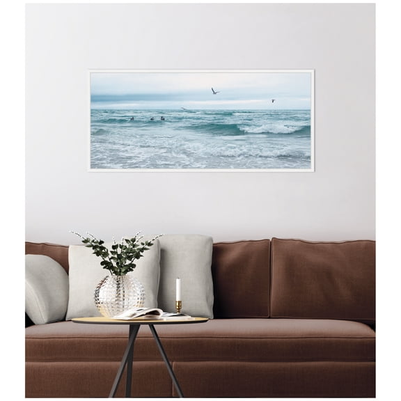 Kate and Laurel Framed Canvas Wall Art Print Ocean Swim Panel by Stephanie Klatt, 40 x 18 Sylvie White Frame, Coastal, Beach Art for Wall Decor