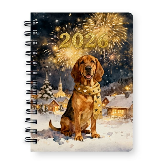 Bloodhound Happy New Year 2026 with Fireworks on New Year's Eve Spiral Bound Journal Dog Lover 5x7in Spiral Notebook - 12022
