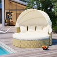 thumbnail image 3 of Harper & Bright Designs Outdoor Rattan Round Sunbed with Retractable Canopy, Patio Outdoor Round Daybed Sectional Sofa Set, Two-Tone Weave Sunbed with Separate Seating and Removable Cushion, Beige, 3 of 19
