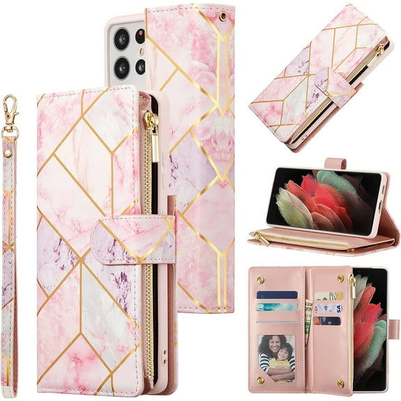 Wallet Case for Samsung Galaxy S21 Ultra, Premium Vintage PU Leather Magnetic Closure Handbag Zipper Pocket Case Kickstand Card Holder Slots with Wrist Strap Flip Case - Pink&Purple