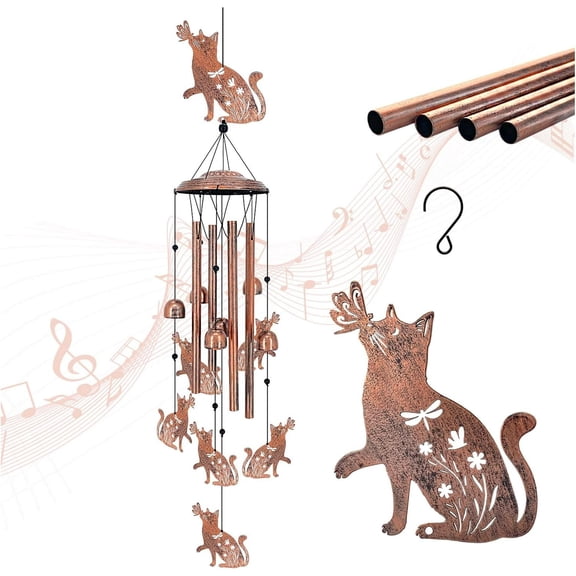 Cat Wind Chimes Outdoor Metal, Handmade Garden Windchime with Aluminum Tubes Bells, Antique Bronze Cat Decor for Patio Porch Yard, Cat Lover Gifts