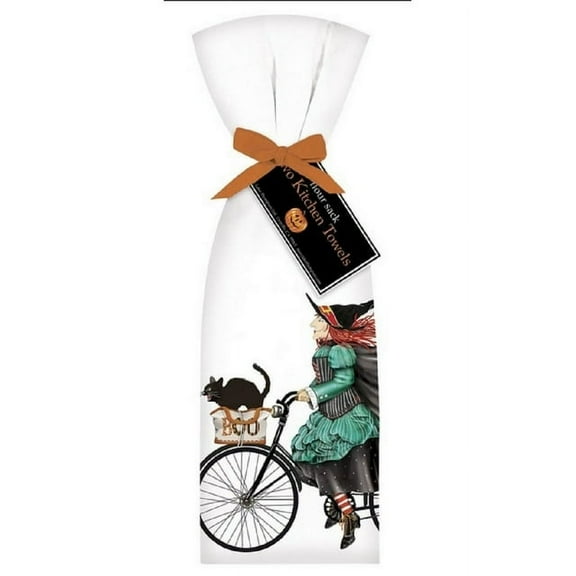 2 Ribbon Tied Witch On A Bike Flour Sack Halloween Towels