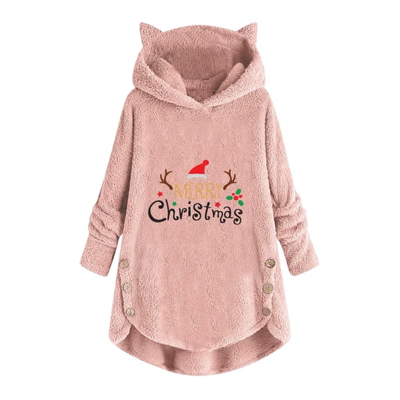Lilgiuy Woman's Casual Christmas Printing Plush Buttons Long Sleeve Hooded Plush Coat Top Pink，10（XL） for 2022