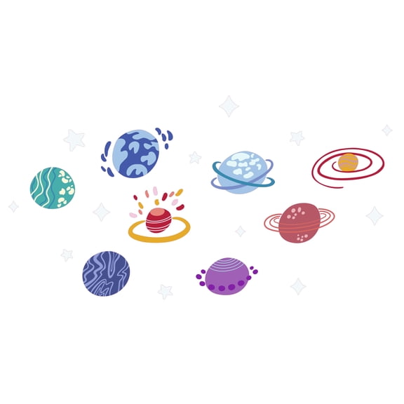 Unique Cartoon Splashy Art Design of Solar System for Nursery Vinyl Wall Decal - Educational Kids Design of Planets Wall Decoration - 20" x 11"