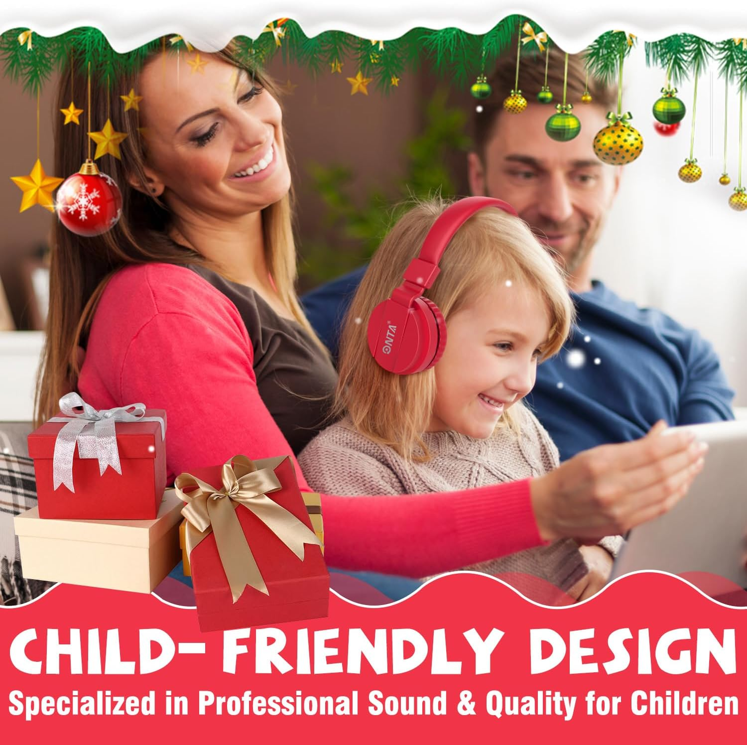 ONTA Kids Headphones, Foldable Over-Ear, Red photo 8
