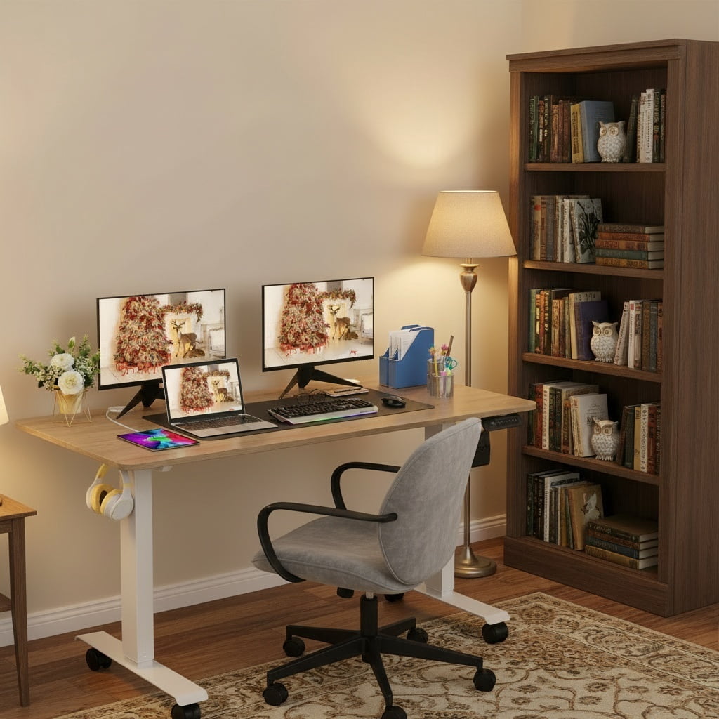 Legooin 63x24 Electric Standing Desk One-button Lift Sit-Stand Table with Wheels for Multi Monitors Home Office Furniture, Oak