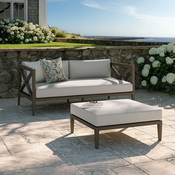 Northlake Outdoor Teak Wood Loveseat and Ottoman Set in Weathered Gray Pebble