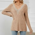 thumbnail image 4 of Black and Friday Deals 2023 Cotonie Women's Solid Color V-neck Long Sleeve Sweater Knitted Strip Sweater 2023 Trendy Casual Tops,Khaki,XL, 4 of 8