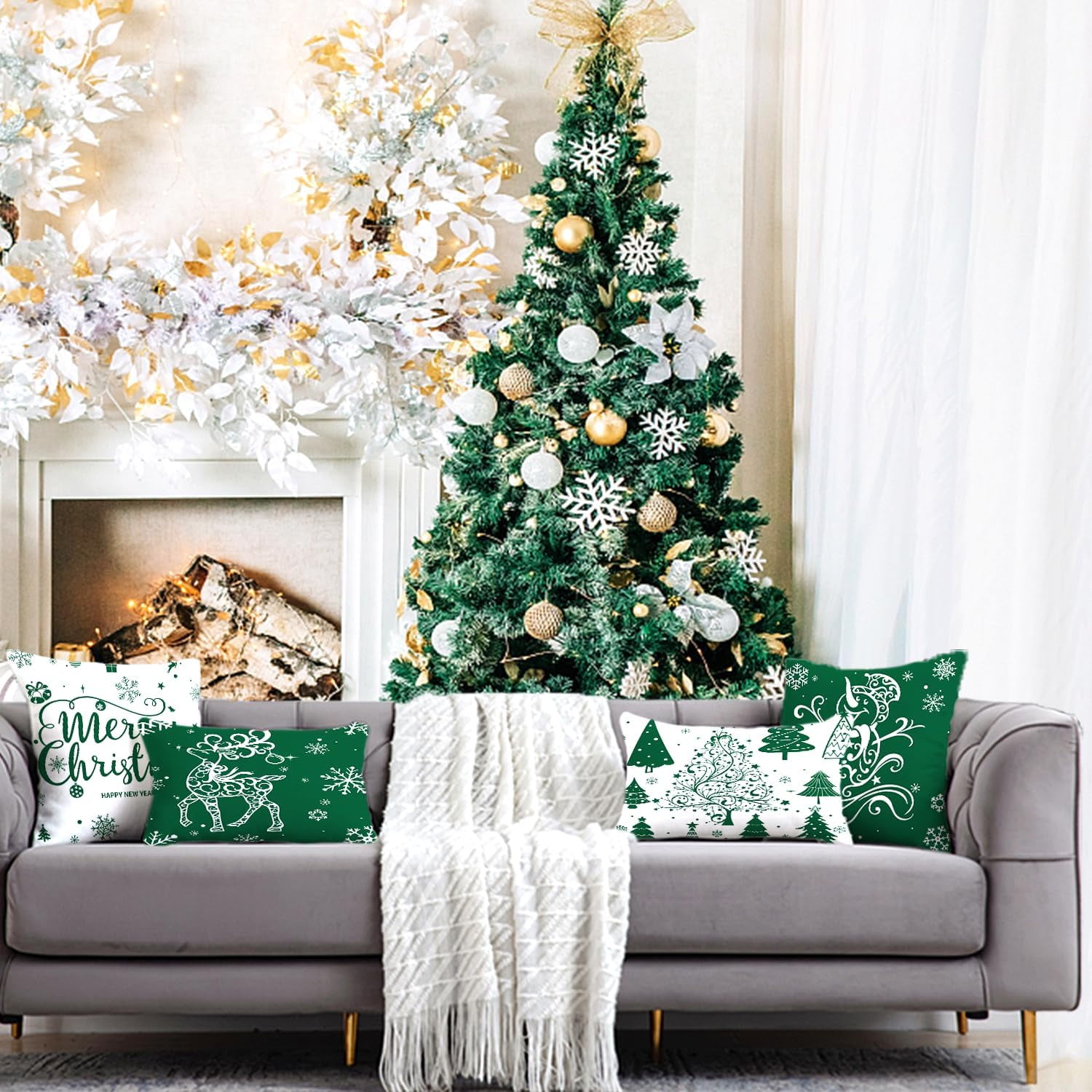 Green Christmas Throw Pillow Covers 20x20 Set of 4 Christmas Decoration Trees Deer Snowman Merry Christmas Decorative Holiday Farmhouse Pillow Covers for Holiday Christmas Decoration