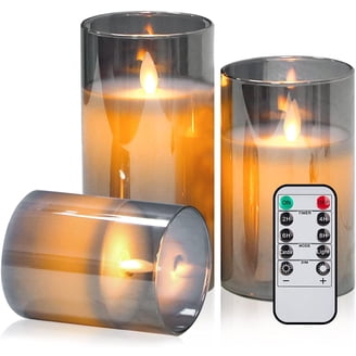 WYZworks LED Mirrored Glass Hurricane Candles - Real Wax Moving Flame - Remote & Timer - Set Of 3 Silver Gray