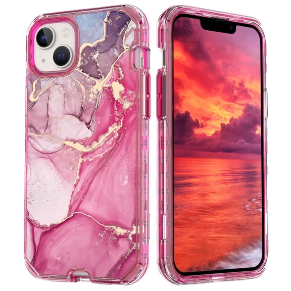 Marble Case for Apple iPhone 15 5G 6.1 inch, Hybrid Hard PC Soft TPU Rubber Three Layer Rugged Heavy Duty Shockproof Drop Protection Women Girl Cover for iPhone 15, Pink Marble