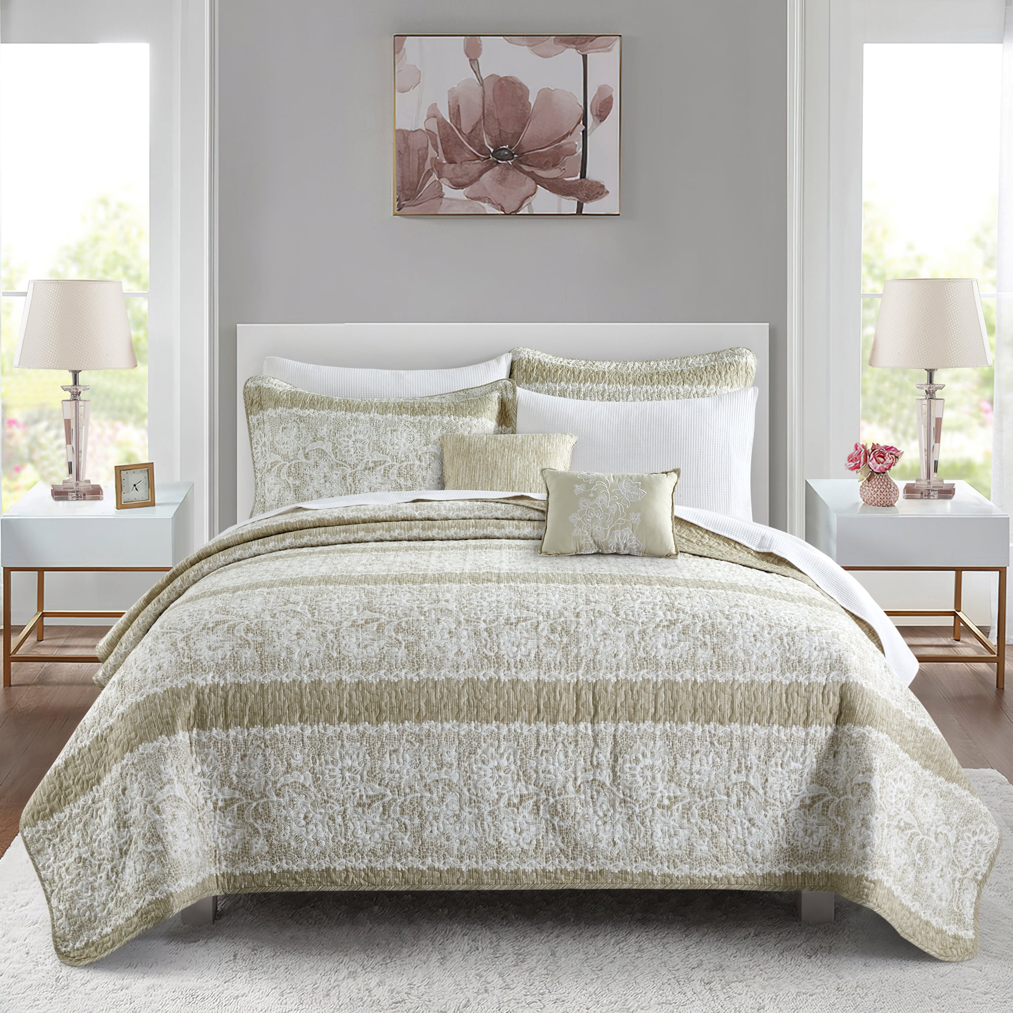 Home Soft Things 5 Piece Printed Microfiber Quilts Bedspread Set - Emma - Taupe - Oversize (122" x 106")