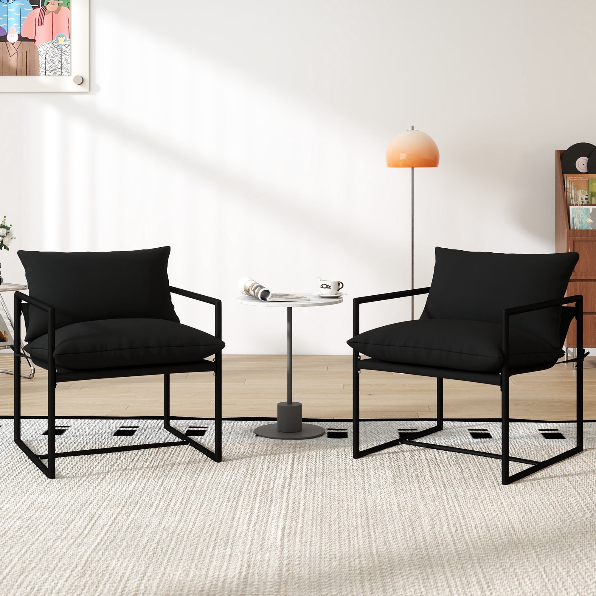 LOGYAT Modern Accent Chair with Square Metal Frame, Set of 2, Soft Upholstered Cushion, Armrests, 27.6" Compact Design, Easy Assembly for Living Room, Black