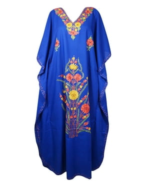 Mogul Women Royal Blue Kaftan Maxi Dress Boho Loose Floral Embroidered Kimono Sleeves Resort Wear Cover Up Housedress 4XL