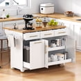 thumbnail image 1 of K&K 59.3" Kitchen Island with Storage 2 Pull Out Cabinet Organizers & Rubber Wood Drop Leaf, Rolling Kitchen Island with Trash Can Storage, Power Outlet, Spice & Towel Rack for Kitchen, Dining, White, 1 of 11