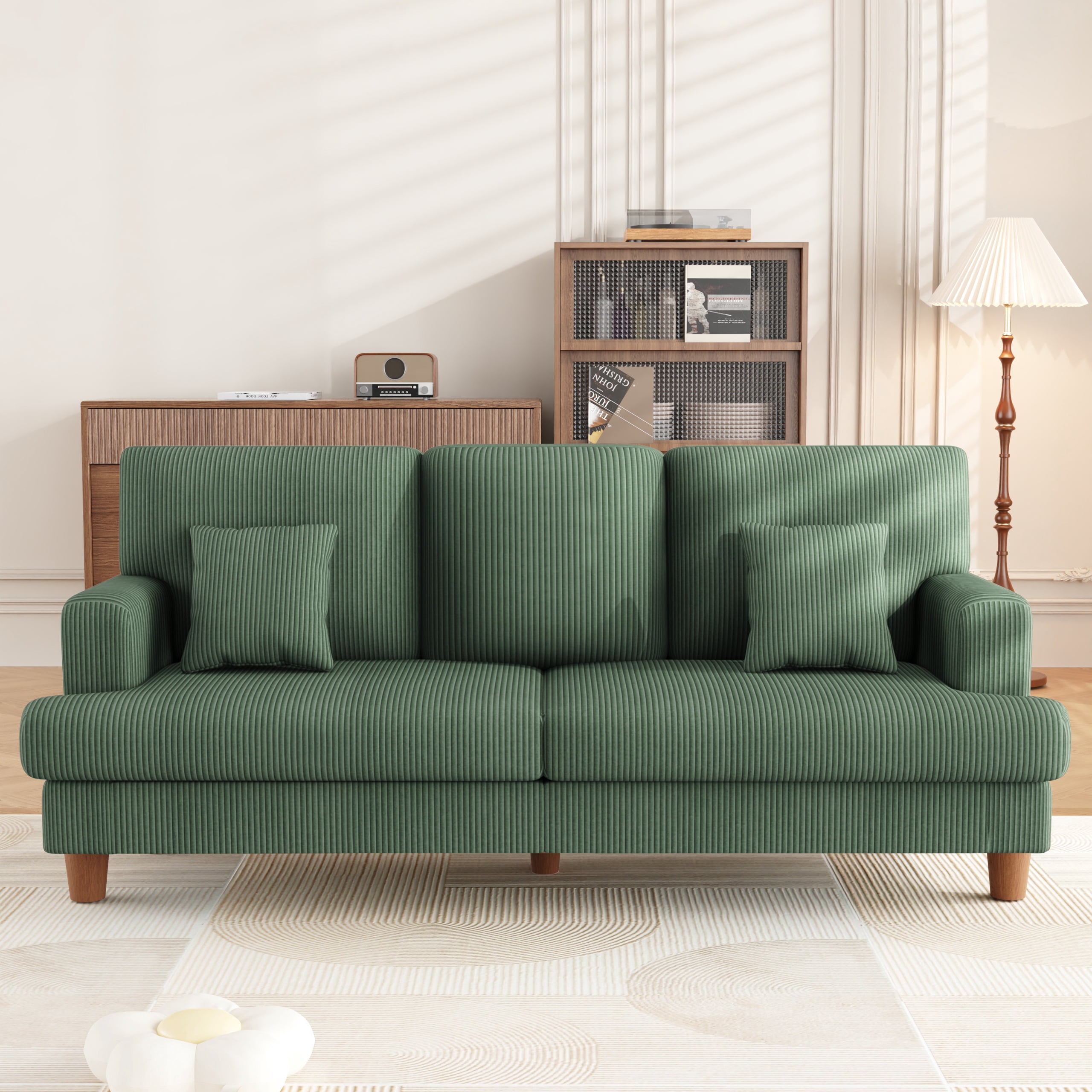 AAQZ 87" Corduroy Sofa Couch for Living Room, 3 Seater Deep Seat Comfy Couch in a Box, 2 Cushions, 2 Pillows Tool-Free Setup,Green