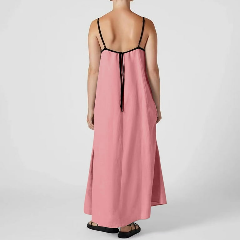JIANJIA Casual Dresses For Women Maxi Contrast Trim Spaghetti Strap Summer  Travel Sleevele Long Dress Activewear - Walmart.com