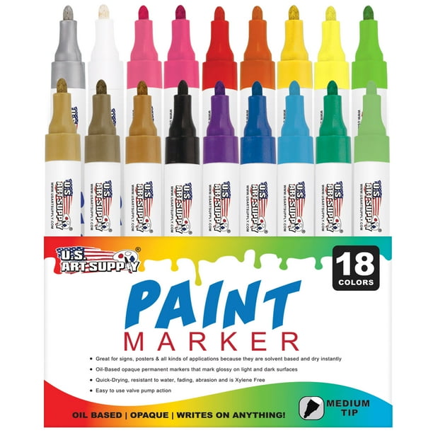 U.S. Art Supply 18 Color Set of Medium Point Tip Oil Based Paint Pen