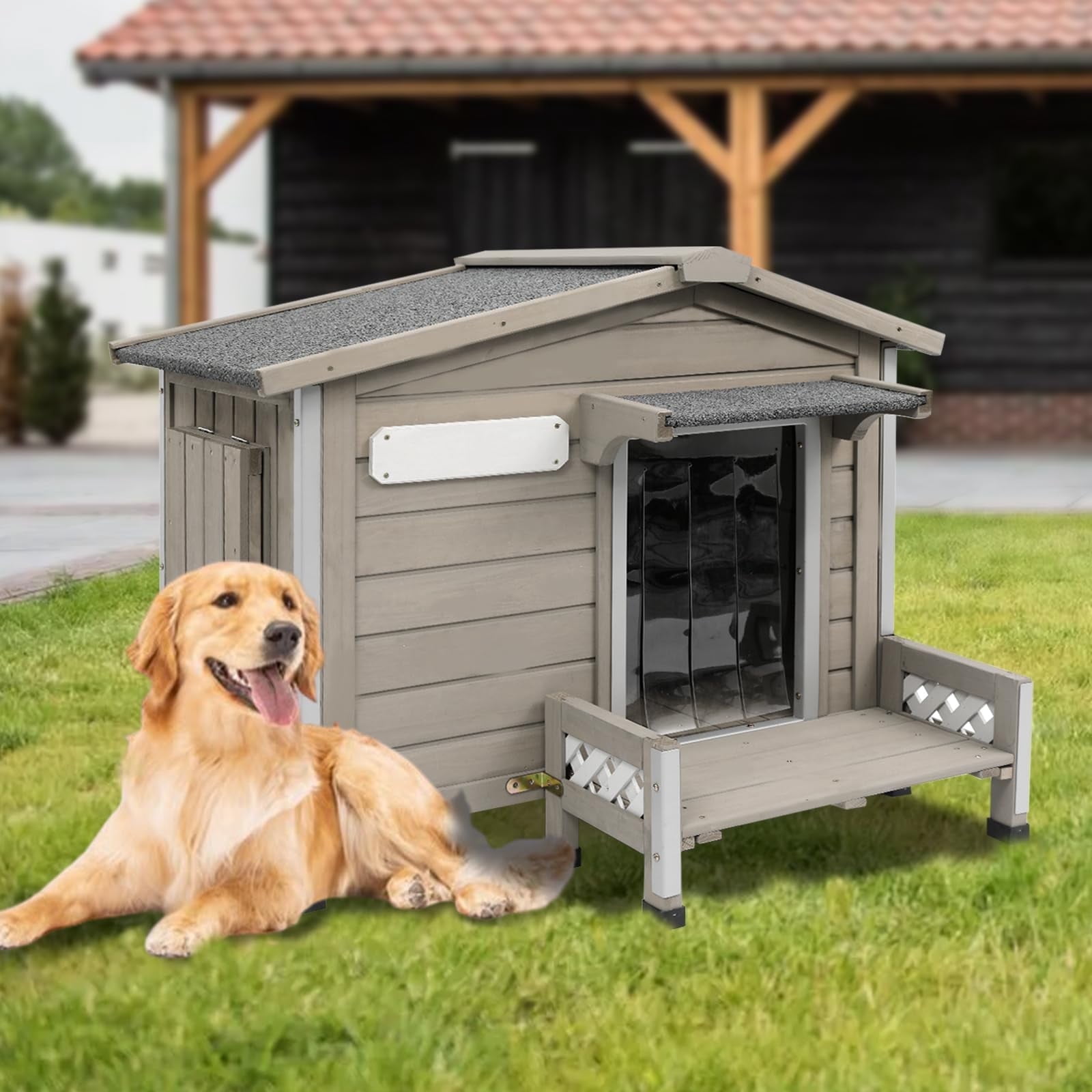 PETSCOSSET Wooden Dog House with Porch, All-Weather Pet House with Openable  Asphalt Roof, Gray