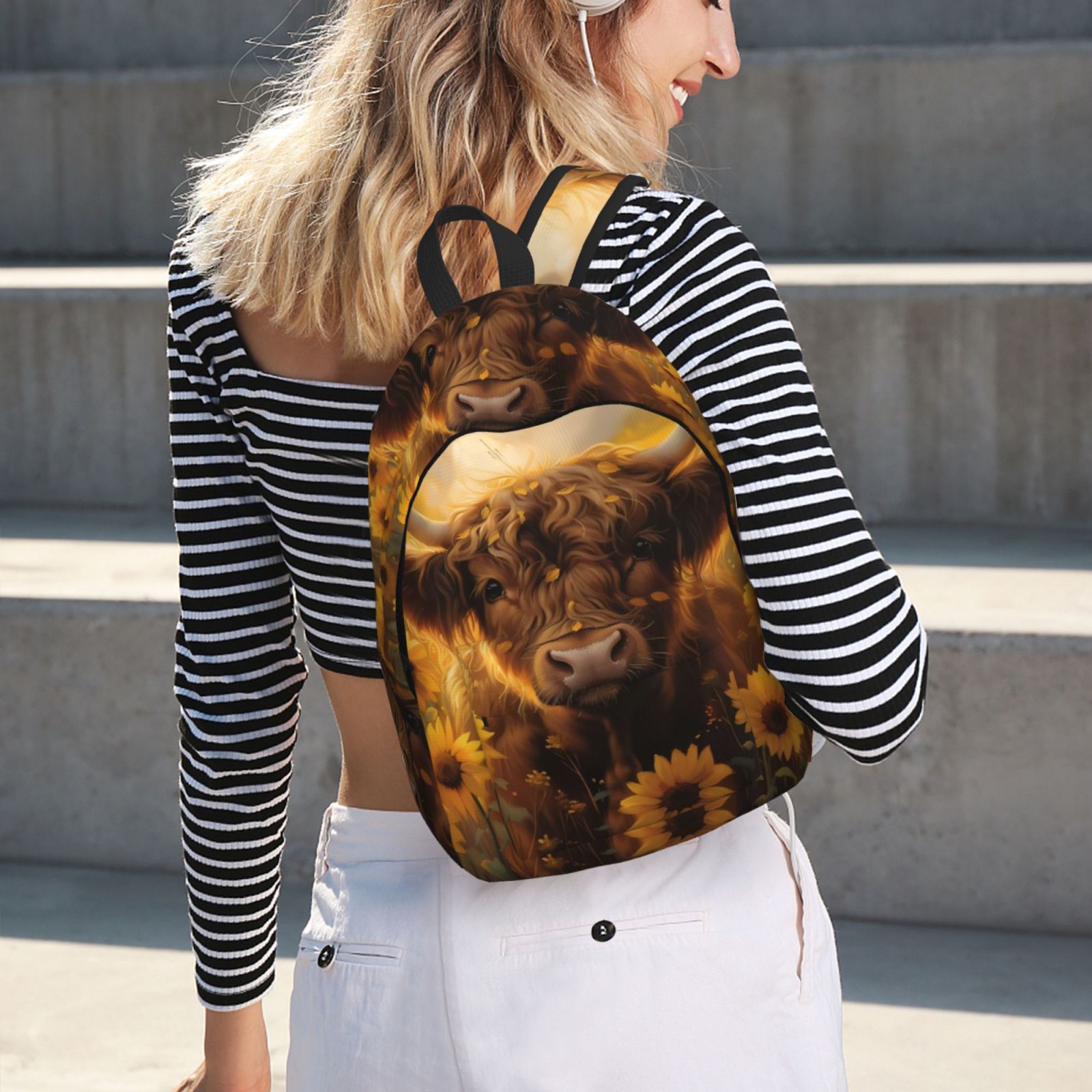 Vsdgher Cute Cow Sunflower Field Print Canvas Backpack Travel Rucksack Unisex Knapsack 15.7/17.7Inch Laptop Backpack for Work,College -Small