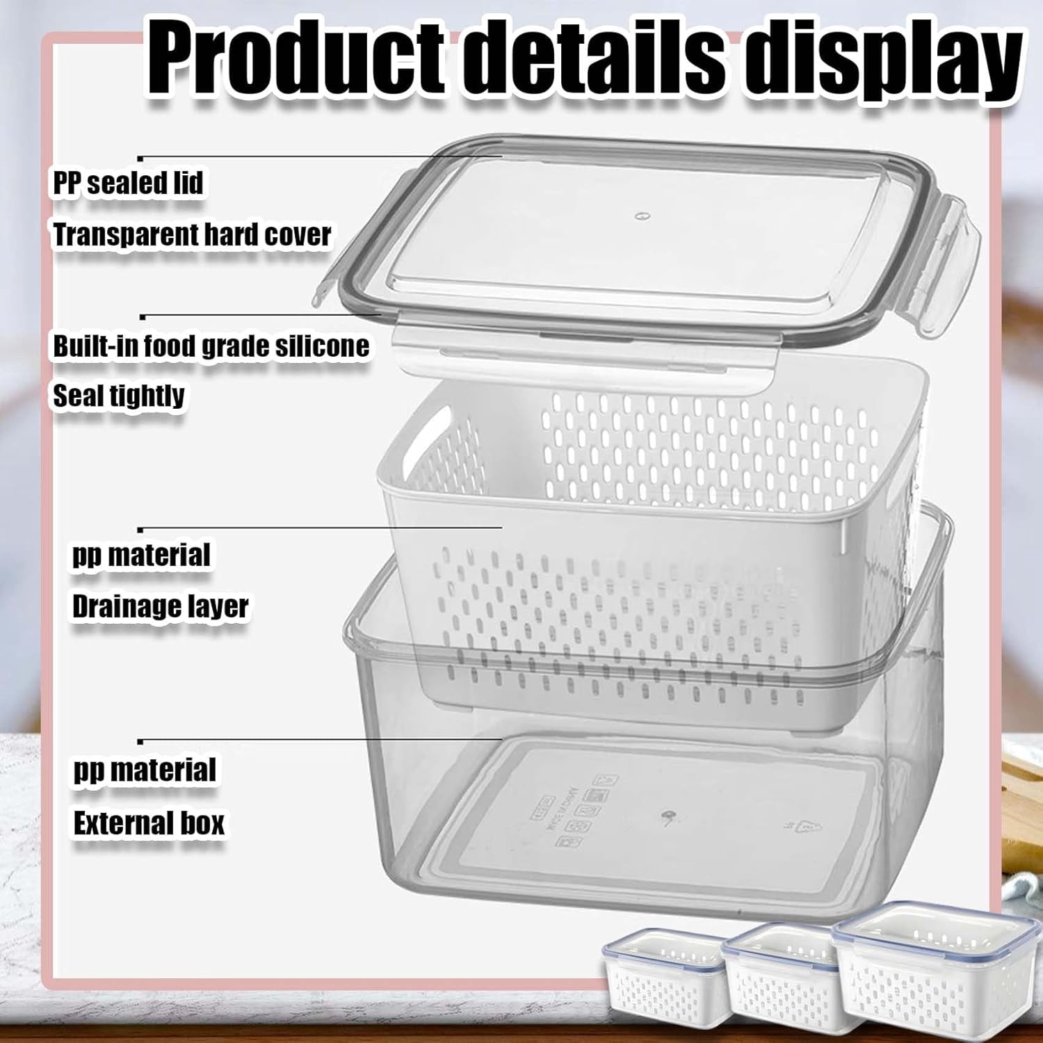 Household Transparent Plastic Food Storage Box-Including Drain Basket, Produce Storage Box with Drain Basket (Gray*Large)