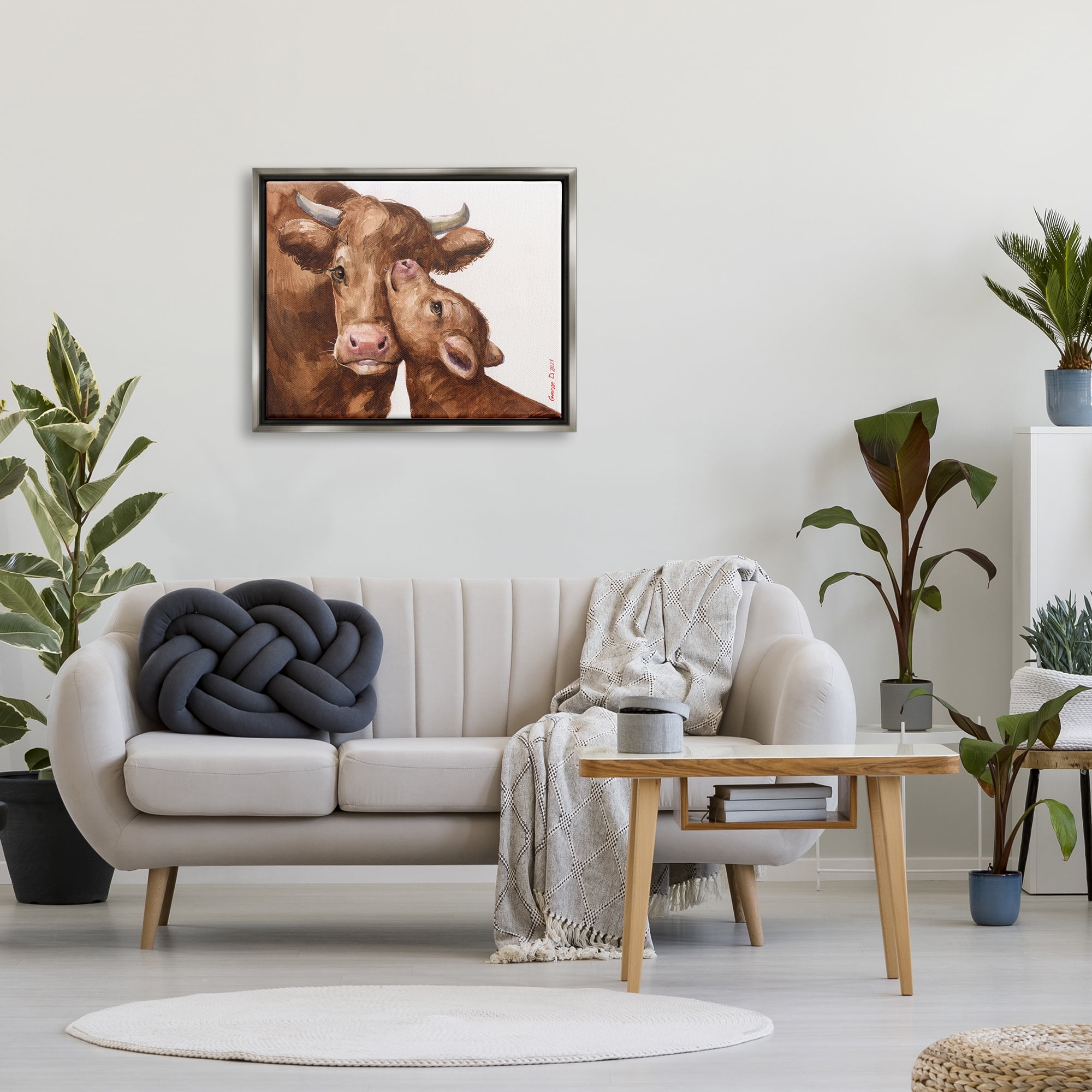Stupell Industries Compassionate Cattle Mother & Baby Cuddle Rural Farmland Painting Luster Gray Floating Framed Canvas Print Wall Art, Design by George Dyachenko