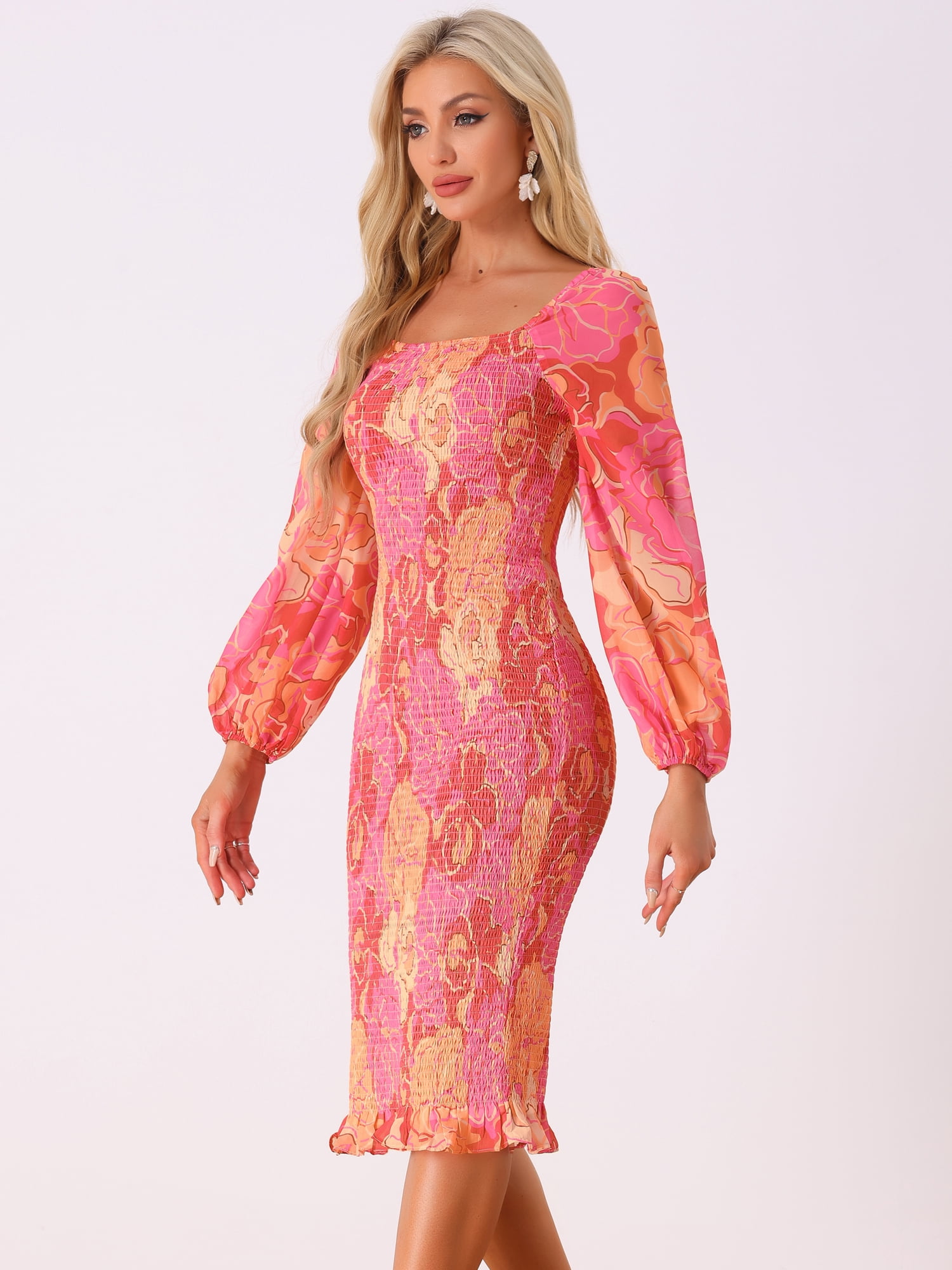 DARING DIVA Lantern Sleeves Smocked Dress XL Pink