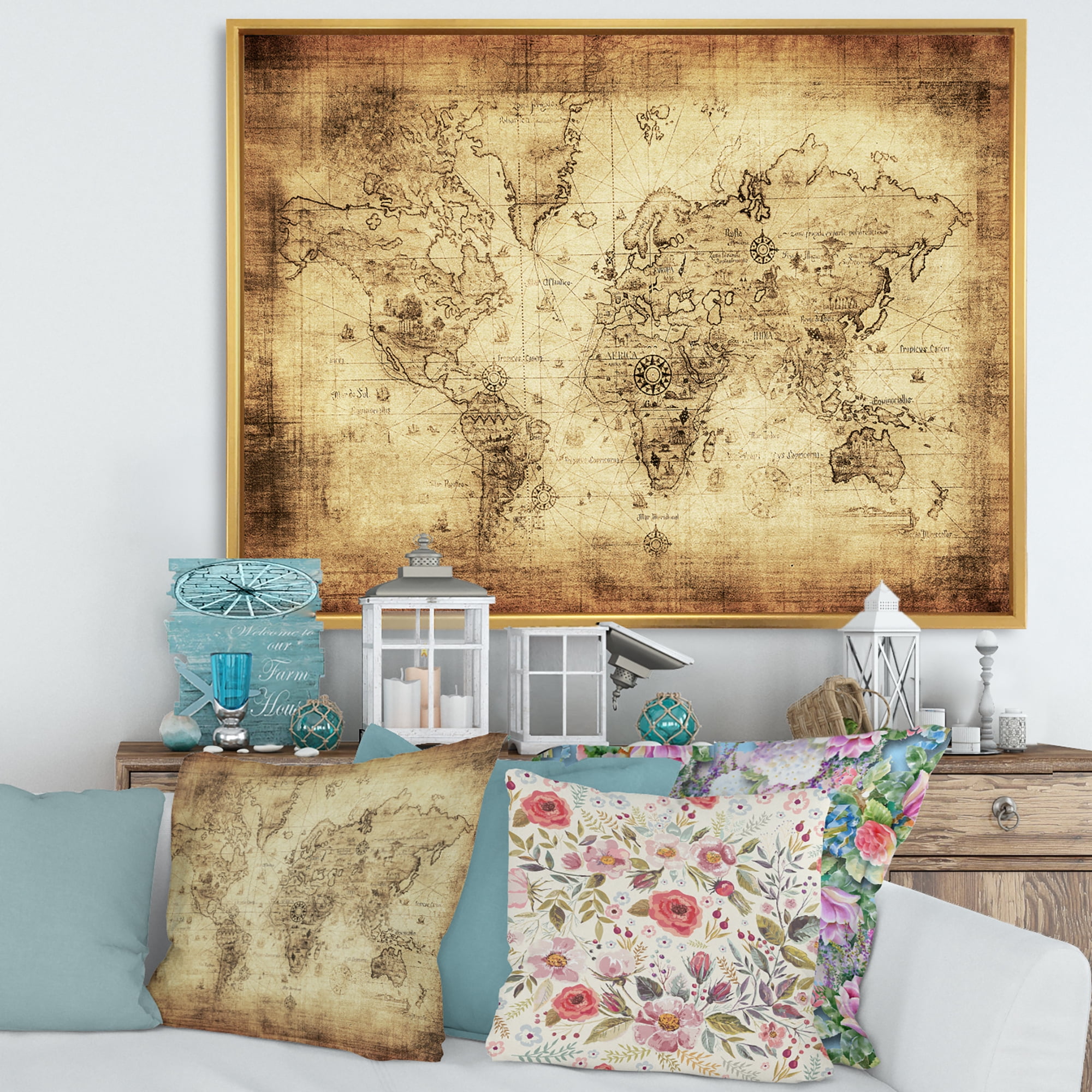 Designart 'Ancient World Map IV' Vintage Framed Canvas Wall Art Print