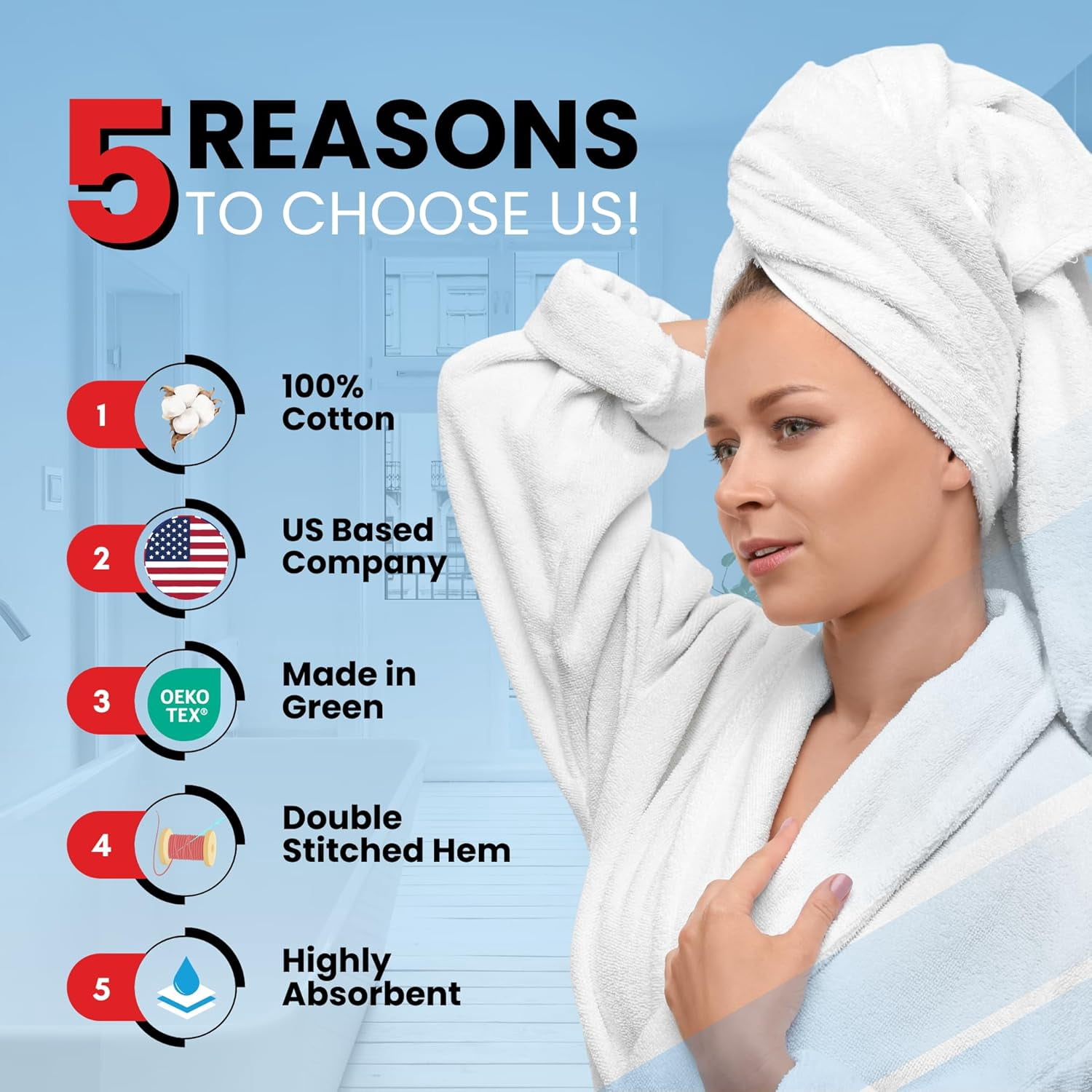 Luxury 100% Cotton Towel Set – 8 Piece Bathroom Towel Set (2 Bath Towels, 2 Hand Towels, 4 Washcloths) – Soft & Absorbent Towels for Bathroom (Brilliant White)