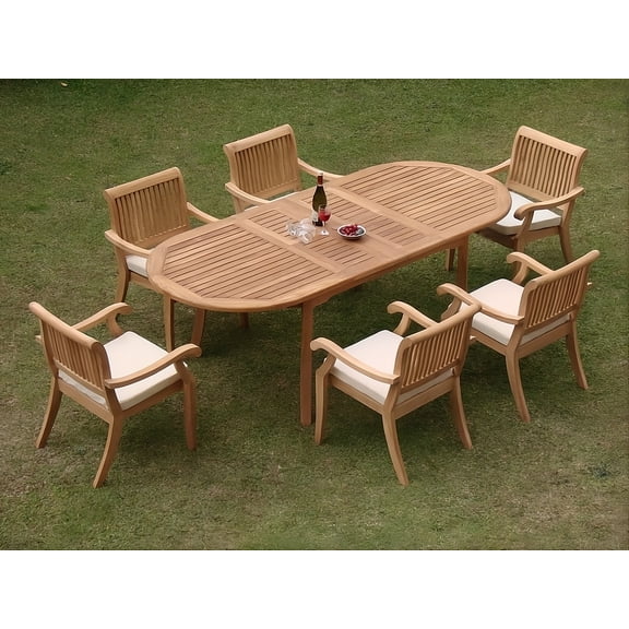7-Piece Teak Dining Set: 94" Oval Extendable Table   6 Arbor Stacking Arm Chairs