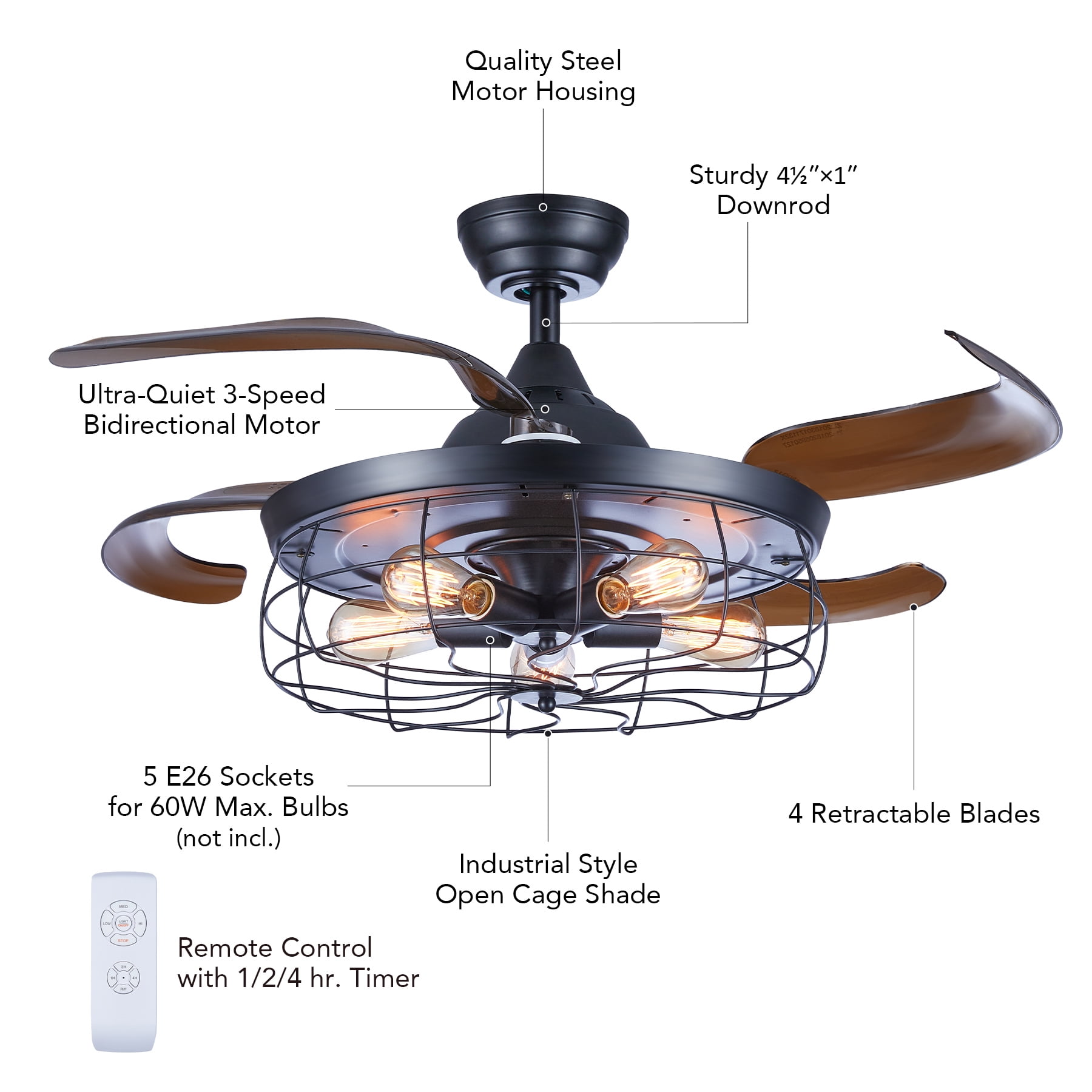 Bestco 42" Ceiling Fan and Lighting with 5 Sockets Remote Control Timer 4 Hidden Blades