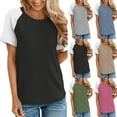 thumbnail image 2 of VERUGU Womens Tops Raglan Sleeve Crew Neck Shirts Summer Trendy Colorblock Short Sleeve T-shirts Loose Casual Comfy Blouses for Leggings Hot Pink S, 2 of 5