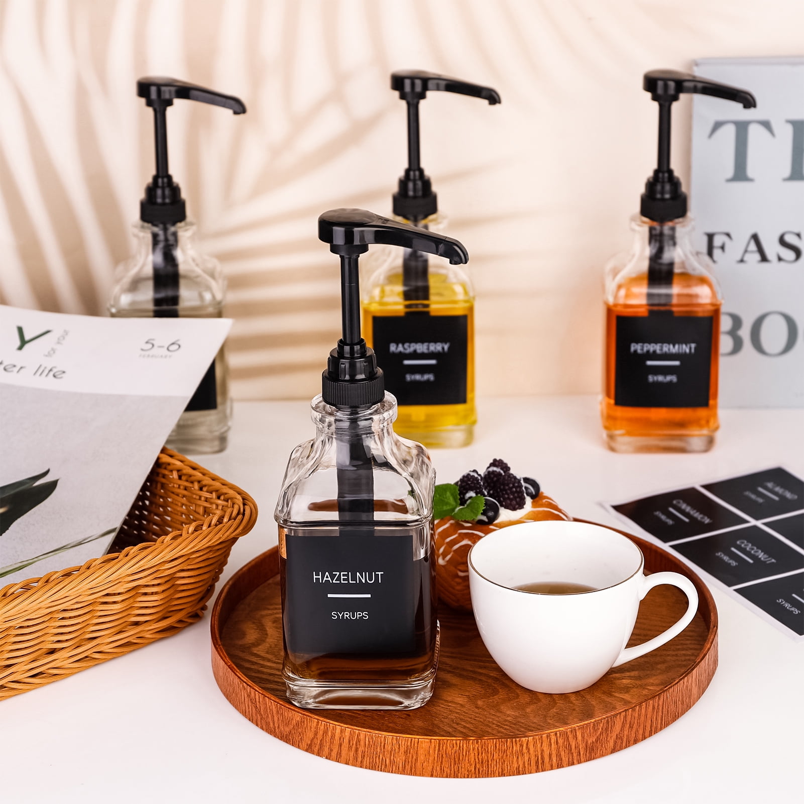 Topekada 4 Pack Glass Coffee Syrup Dispenser for Coffee Bar,Square Syrup Pump Dispenser with 1/4oz Large Capacity Pump,Coffee Syrup Bottles for Coffee Syrup,Dispenser Bottle for Syrup 16oz(Black)