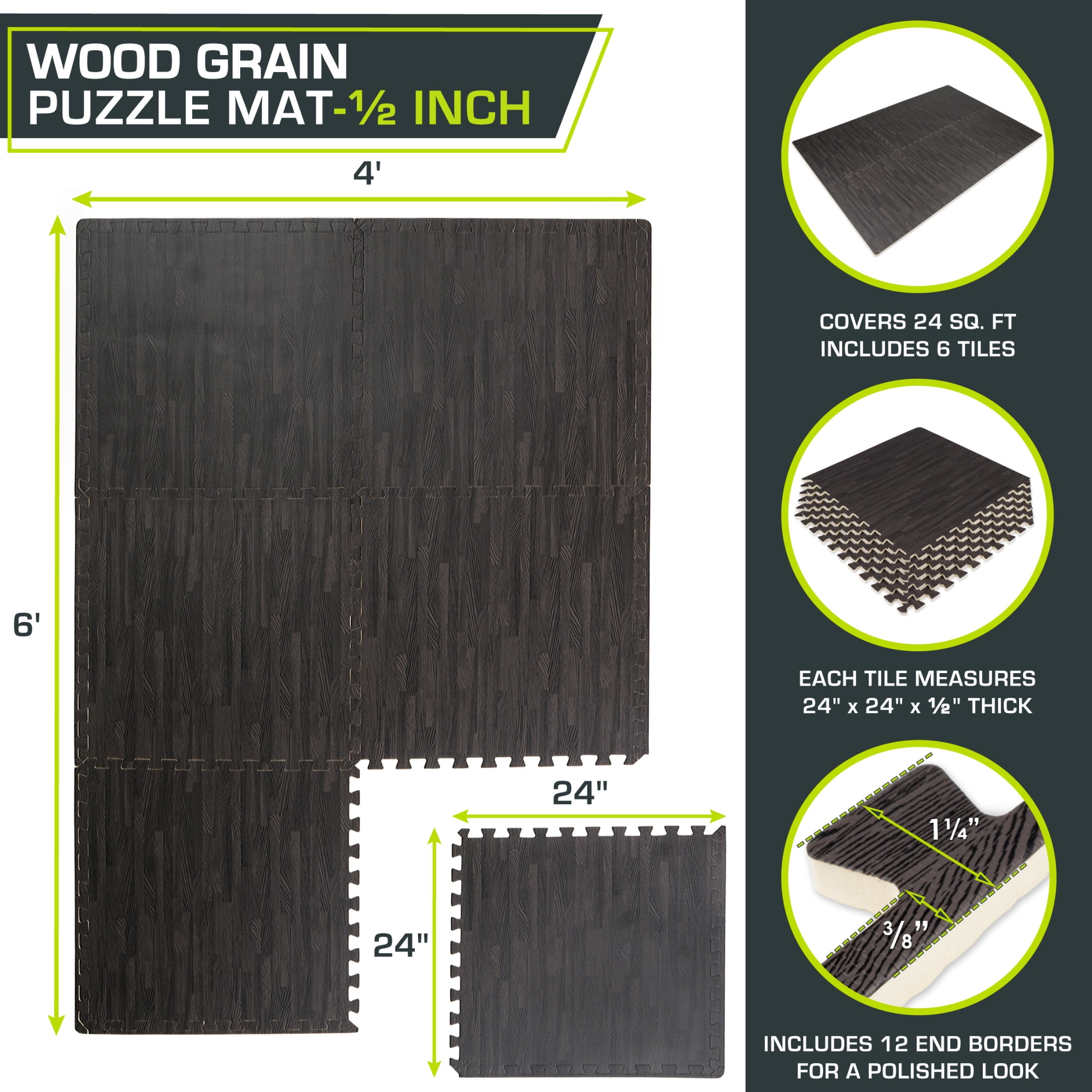 ProsourceFit Wood-Grain Puzzle Mat, 1/2" Thick EVA Foam Interlocking Floor Tiles