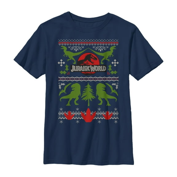 Boy's Jurassic World Ugly Christmas Print Graphic Tee Navy Blue X Small