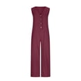 thumbnail image 3 of Oksale Wide Leg Jumpsuits for Women Plus Size Casual Cozy Linen Jumpsuit Dressy Button V Neck Sleeveless Bib Overalls with Pockets Wine S, 3 of 7