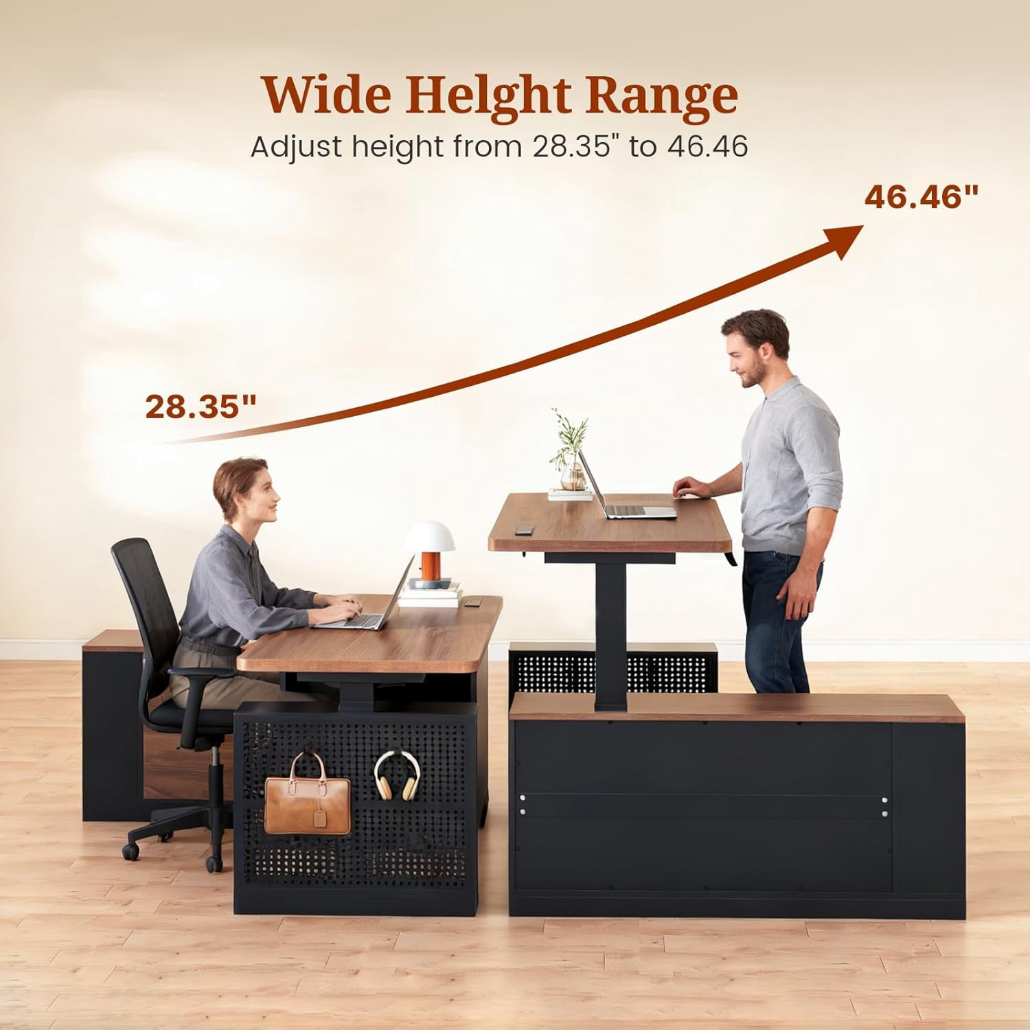 L Shaped Standing Desk, 53" Electric Office Desk with Power Outlets and File Drawers, Corner Computer Desk with Pegboard, Adjustable Height, Walnutu