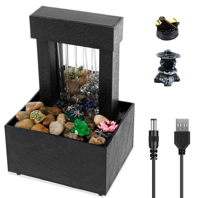 Dsseng Tabletop Fountain Indoor Waterfall Fountain Mirrored Waterfall Light Show Tabletop Water Fountain with Natural River Rocks and Color Changing LED Lights (with Adapter)