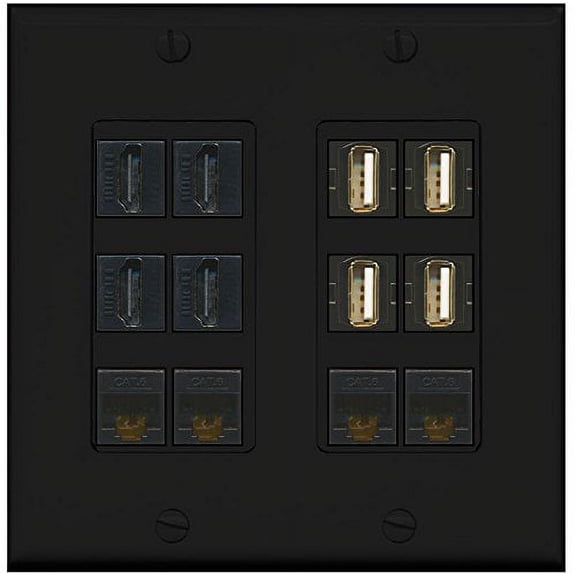 RiteAV - (2 Gang Decorative 4 USB A-A (Black) 4 HDMI Black 4 Cat6 Wall Plate Black