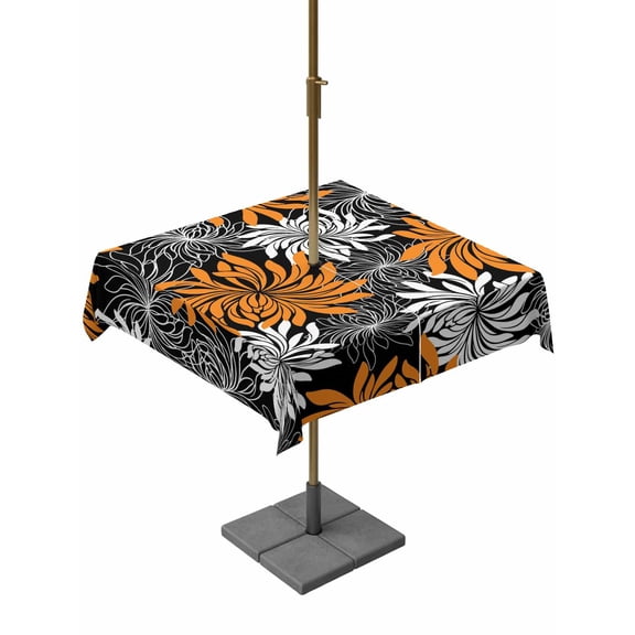 Outdoor Tablecloth with Umbrella Hole for Patio/Picnic/Party/Camping, Orange Black Flowers Waterproof Table Cloth Square Cover Washable, Abstract Botanical Floral Plant (54"x 54")
