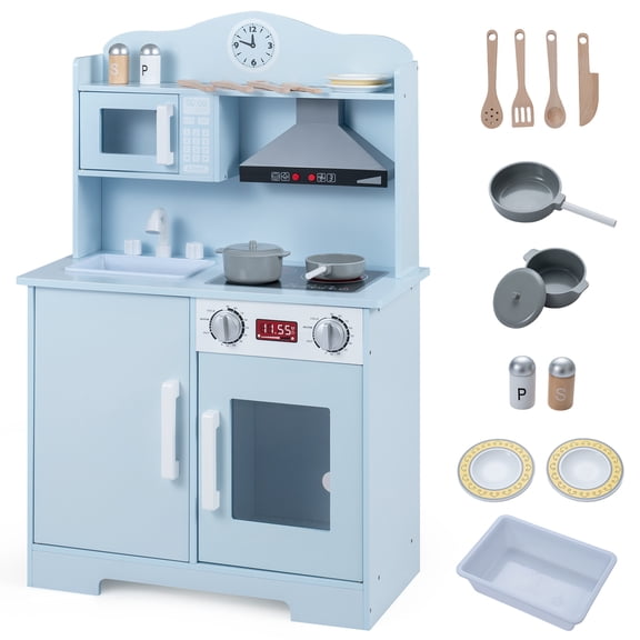 Costway Play Kitchen for Kids, Wooden Kitchen Playset with Range Hood, Microwave, Sink Blue