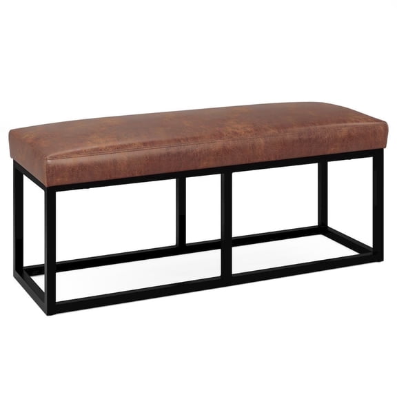 Simpli Home Reynolds Ottoman Bench In Distressed Saddle Brown Faux Leather