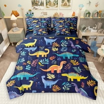 Manfei Colorful dinosaur 7 Pieces Bedding Comforter Set,Rustic Plant Leaves Full Bedding Set,Deepblue Yellow Orange Fitted Sheet Flat Sheet For Boys Kids,Breathable Home Decor Reversible