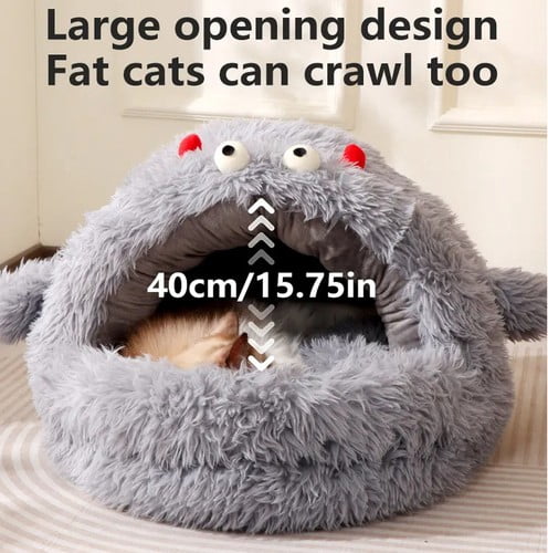 Colourtree Grey Winter Warm Plush Cat Bed, Enclosed Hooded Pet House with Cute Monster Design, Anti-Collapse Support for Indoor Cats & Small Pets